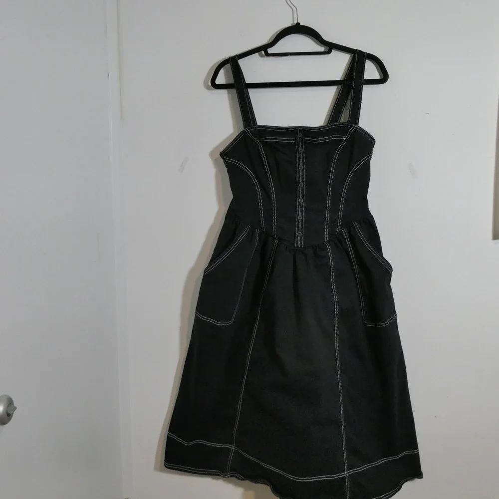 Pilcro Womens Dress L Black Contrast Stitch Denim Midi Corset Goth Romantic Edgy